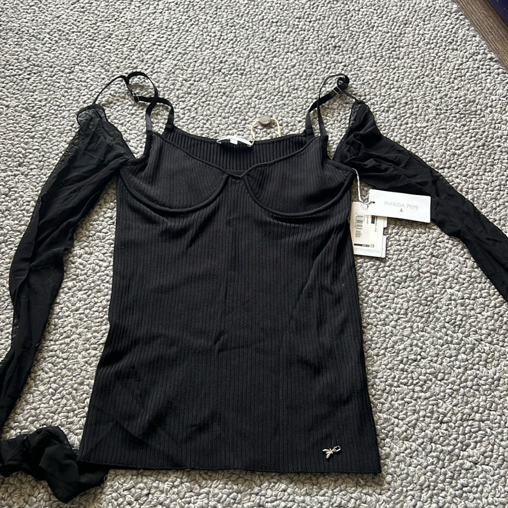 Patrizia Pepe Black Fitted Ribbed Top with Sheer Off the Shoulder Sleeve, Size 1